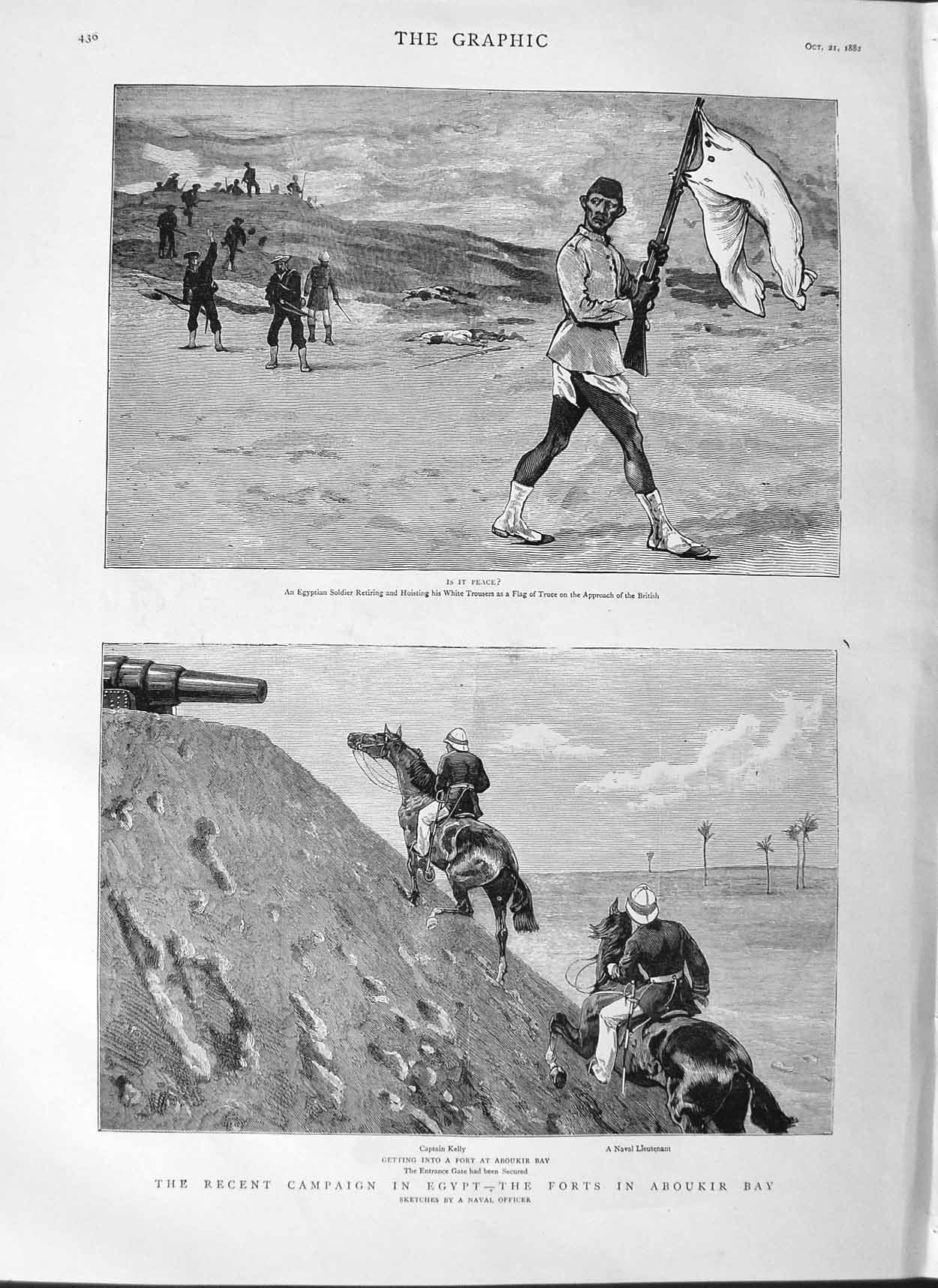 Original Old Antique Print 1882 Egypt Forts Aboukir Bay Sier Kelly Navy Officer