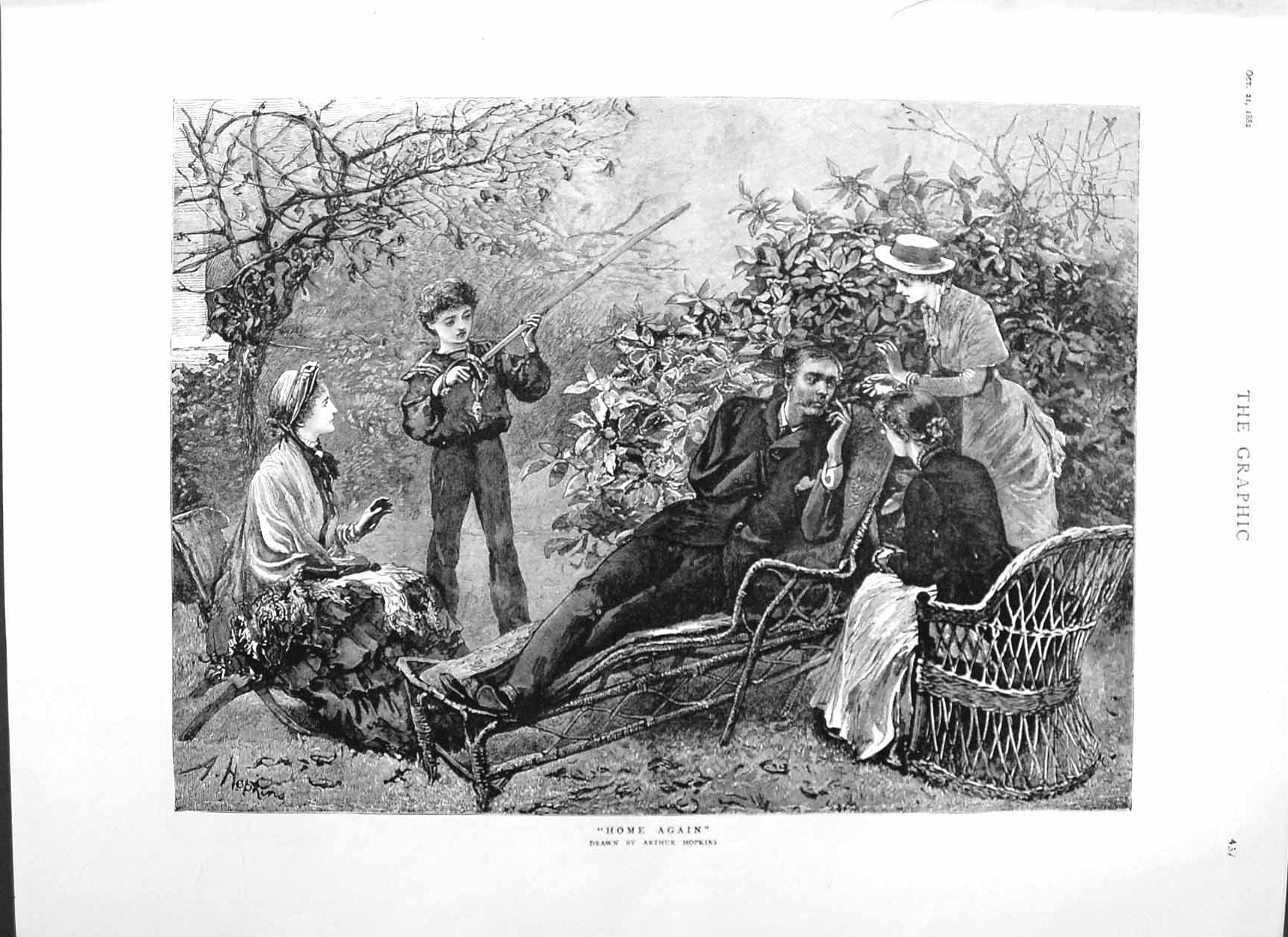 Original Old Antique Print 1882 Arhtur Hopkins Fine Art Family Garden Scene
