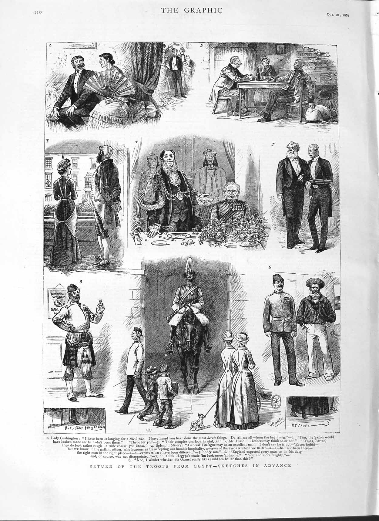 Original Old Antique Print 1882 Siers War Egypt Lady Gushington Plush War 19th