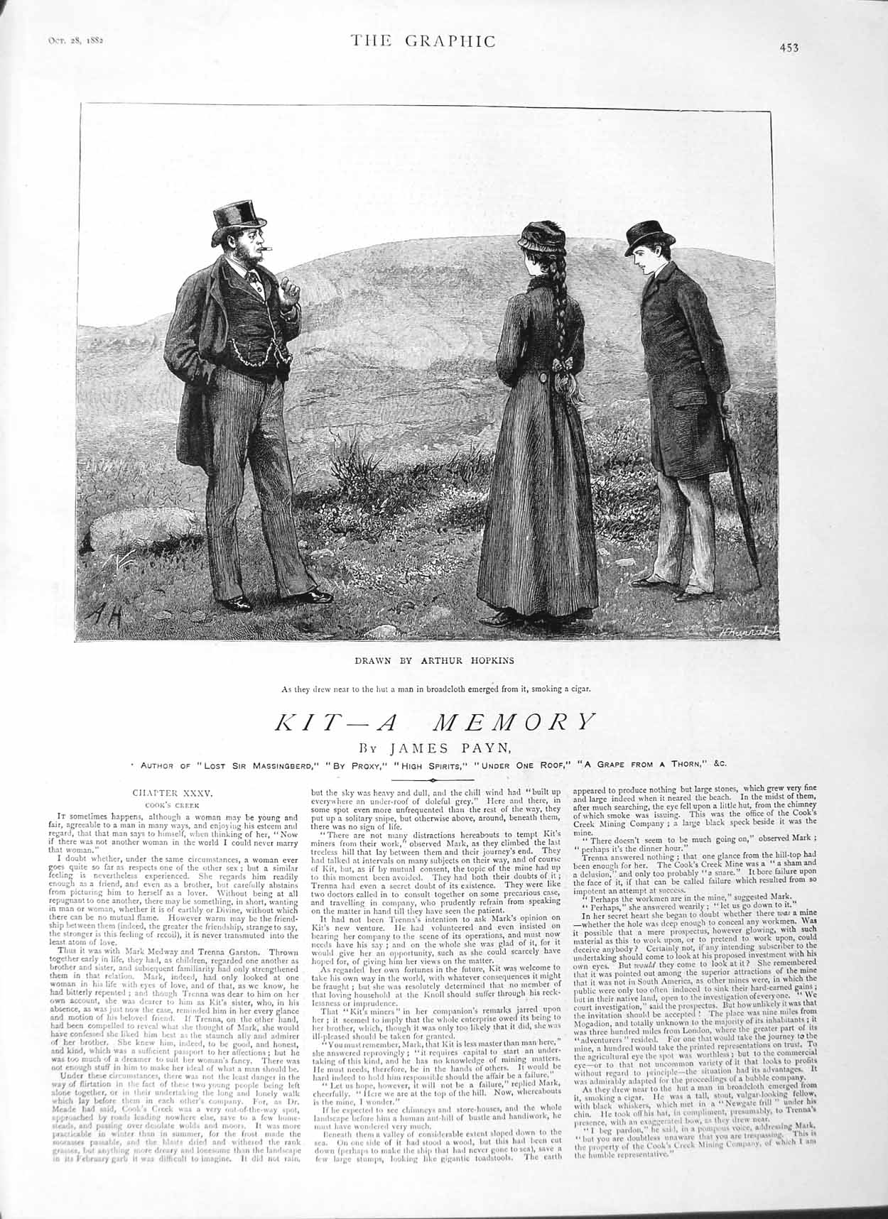 Original Old Antique Print 1882 Illustration Story Kit Men Lady Arthur Hopkins