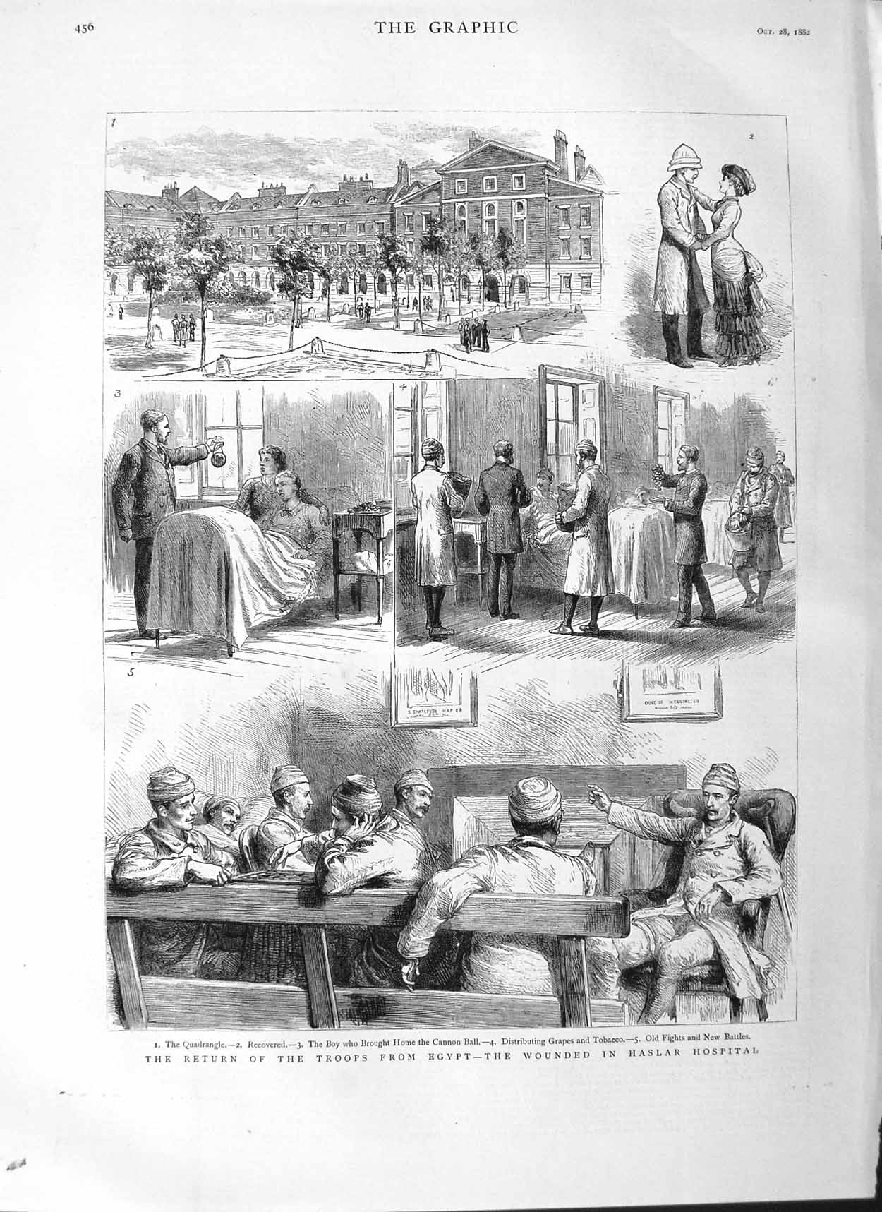 Original Old Antique Print 1882 Siers War Egypt Haslar Hospital Tobacco Grapes