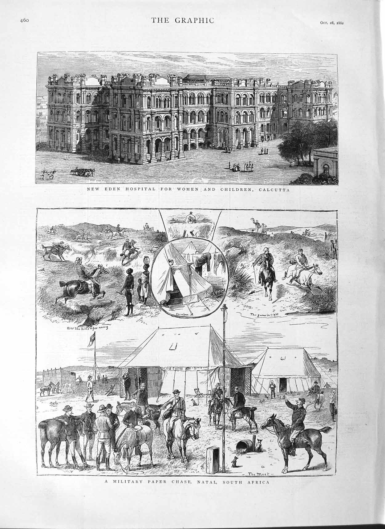 Old Antique Print 1882 Army Paper Chase Natal Africa Eden Hospital India 19th