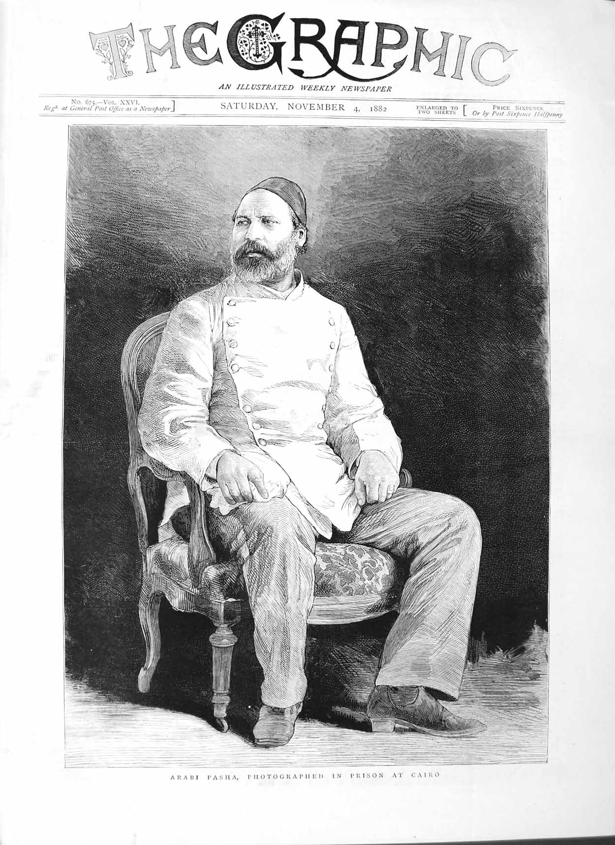Old Antique Print 1882 Fine Art Portrait Arabi Pasha Prison Cairo Egypt 19th