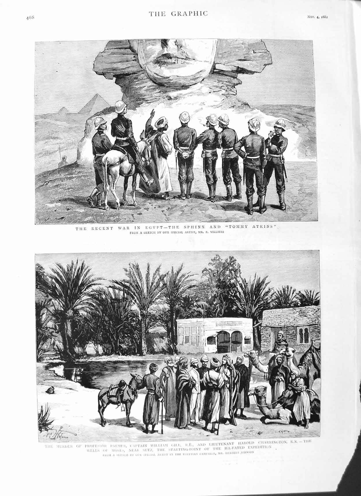 Old Antique Print 1882 Egypt Sphinx Tommy Atkins Palmer Gill Moses Suez 19th