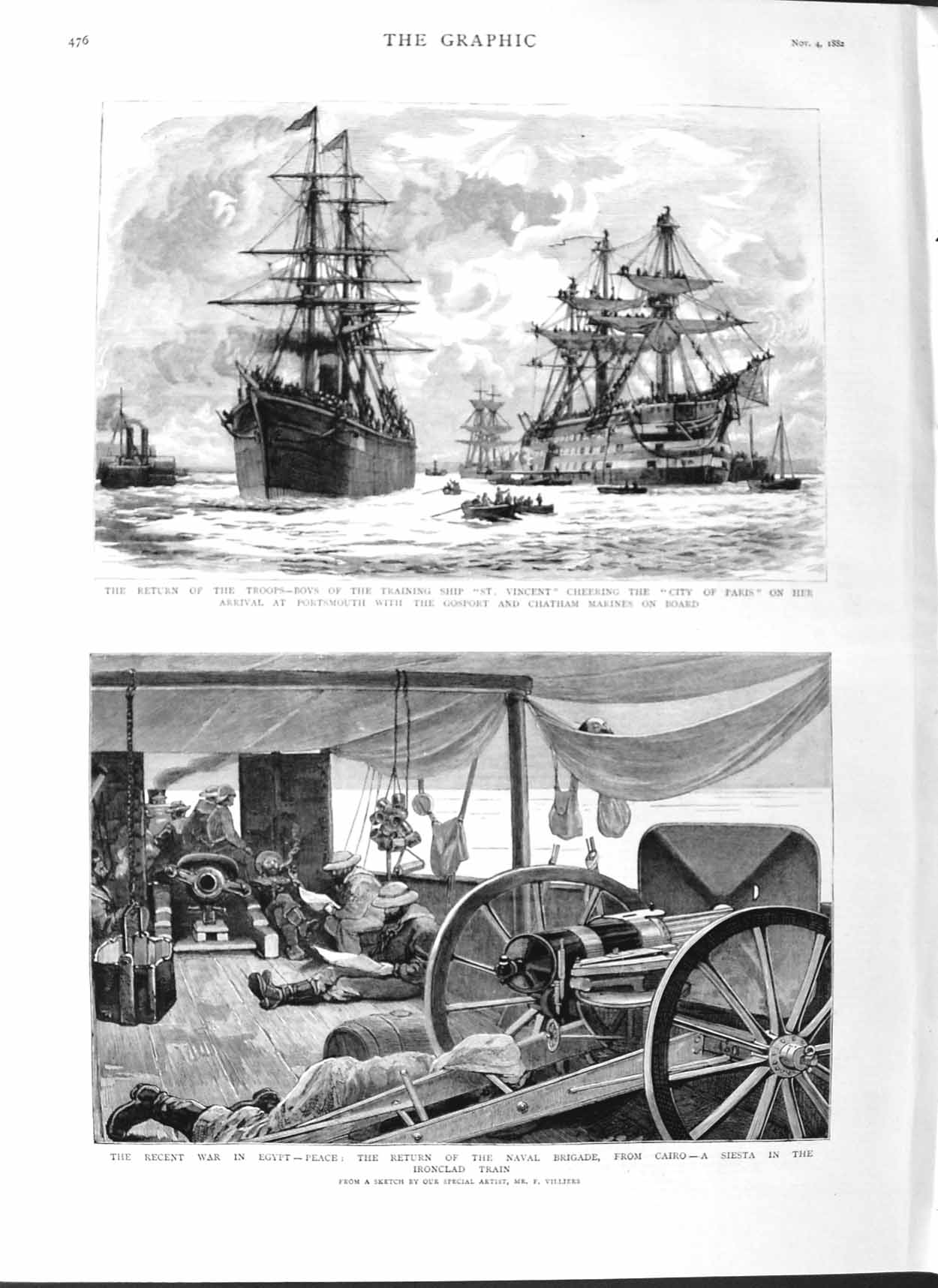 Old Antique Print 1882 Training Ship Vincent Paris Portsmouth Egypt War 19th