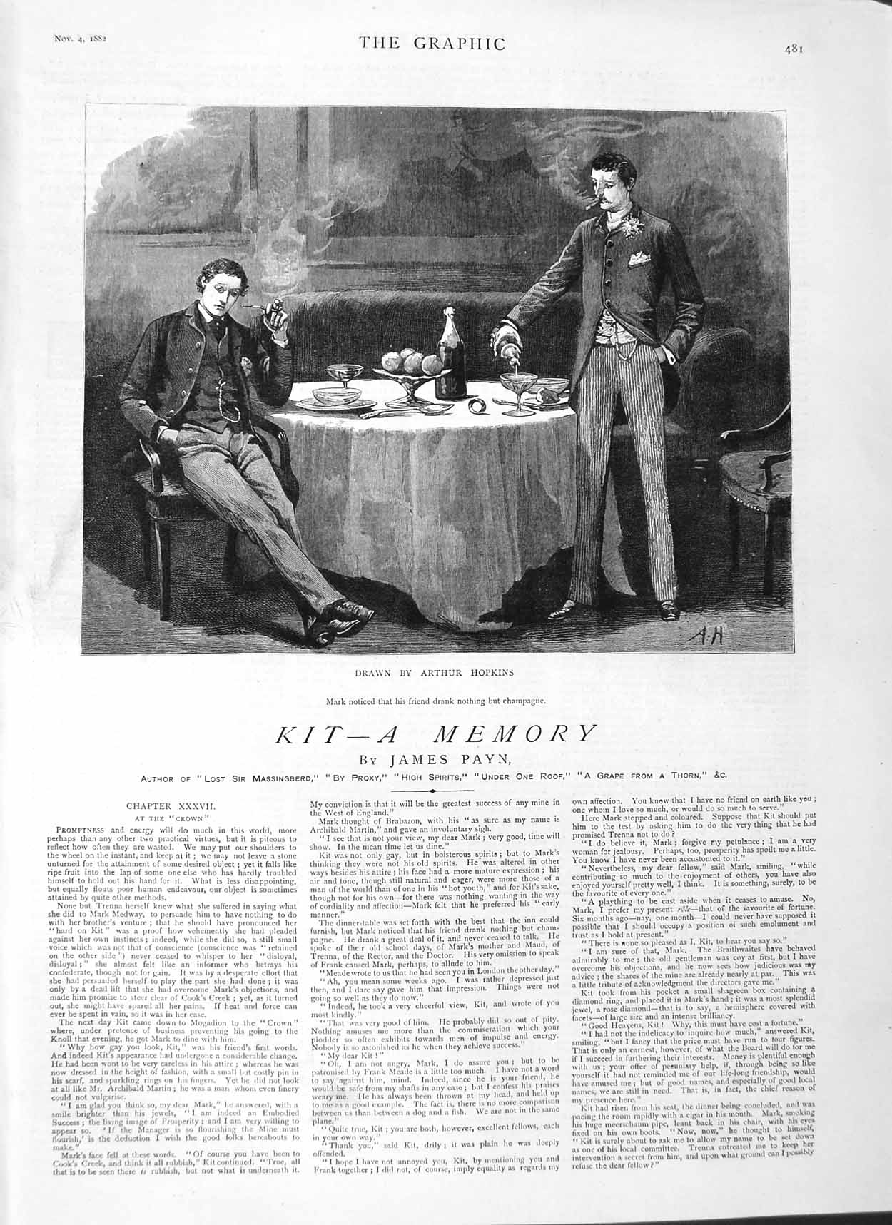Original Old Antique Print 1882 Illustration Story Kit Men Smoking Drinking Art