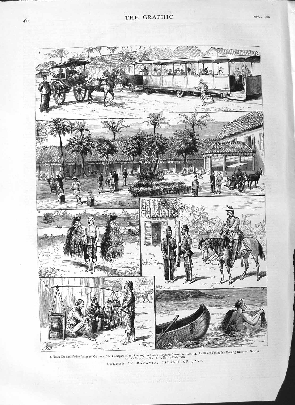 Original Old Antique Print 1882 Scenes Batavia Island Java Tram-Car Fi Victorian
