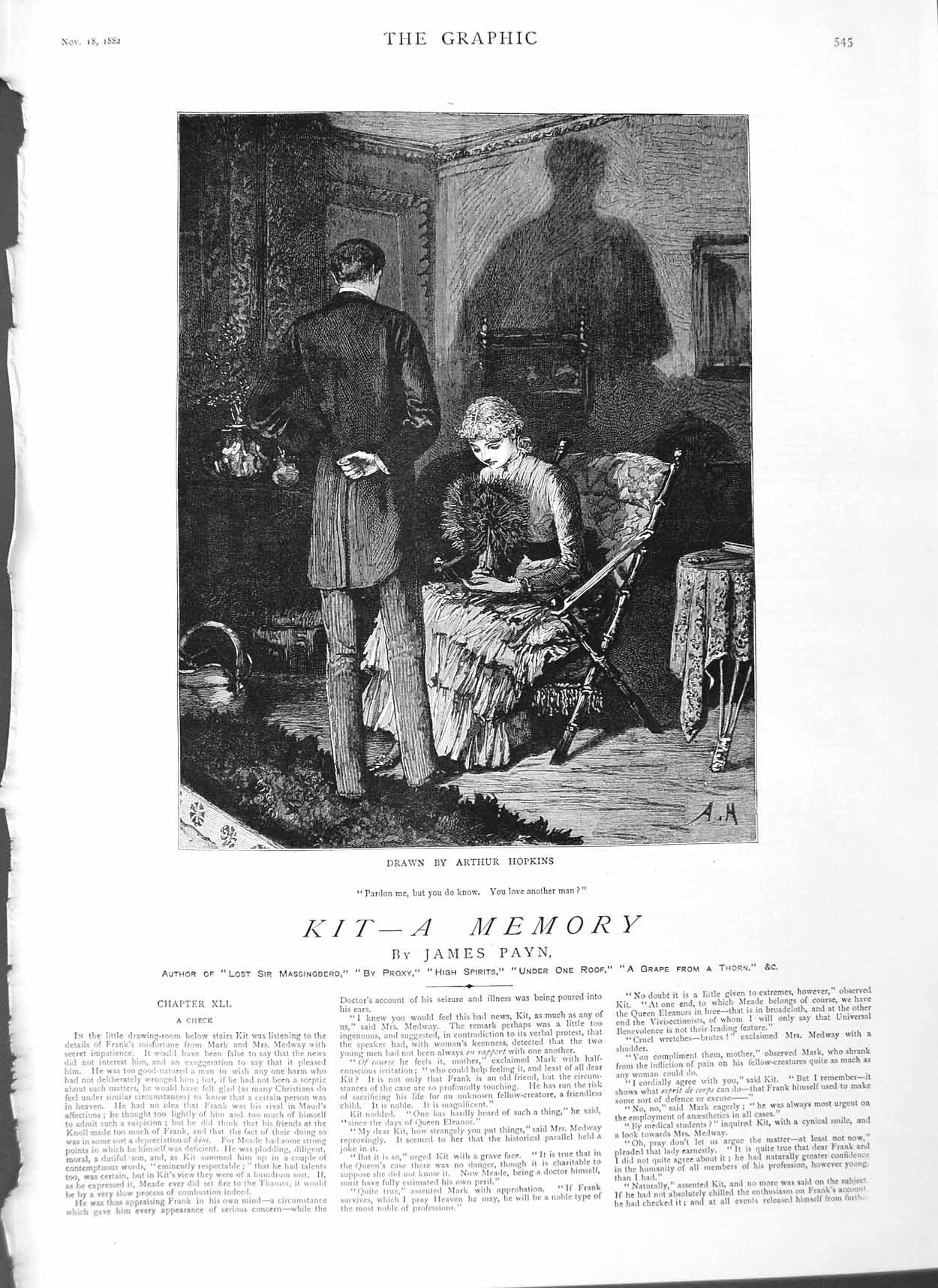 Original Old Antique Print 1882 Illustration Story Kit Man Woman House Romance