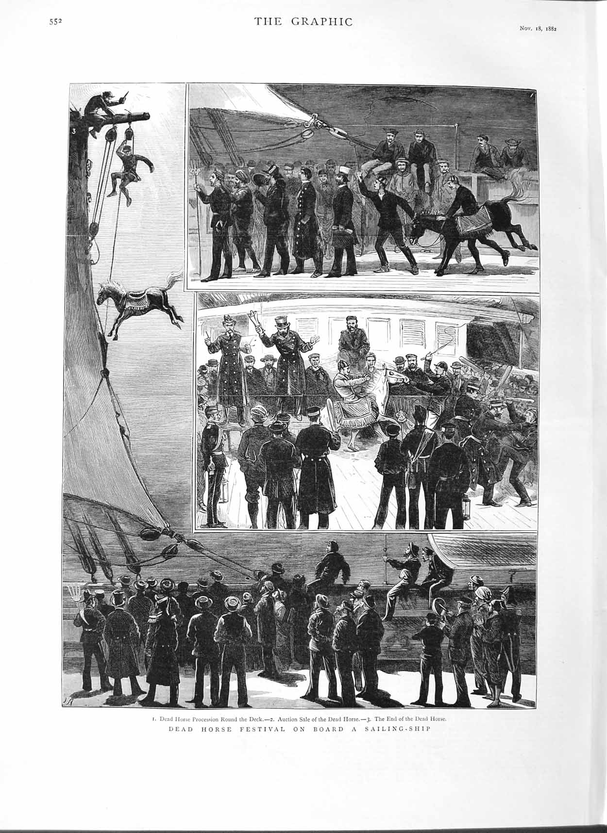 Original Old Antique Print 1882 Dead Horse Festival Sailing Ship Fine Art 19th