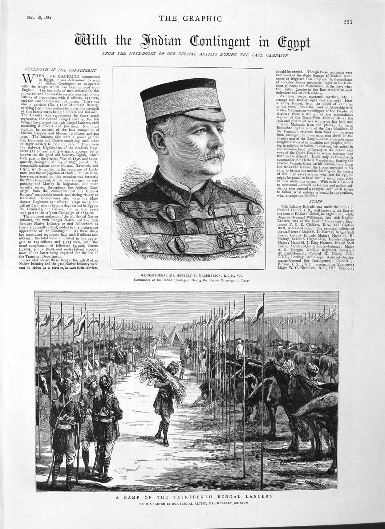 Old Antique Print 1882 Major-General Macpherson Bengal Lancers Camp War 19th