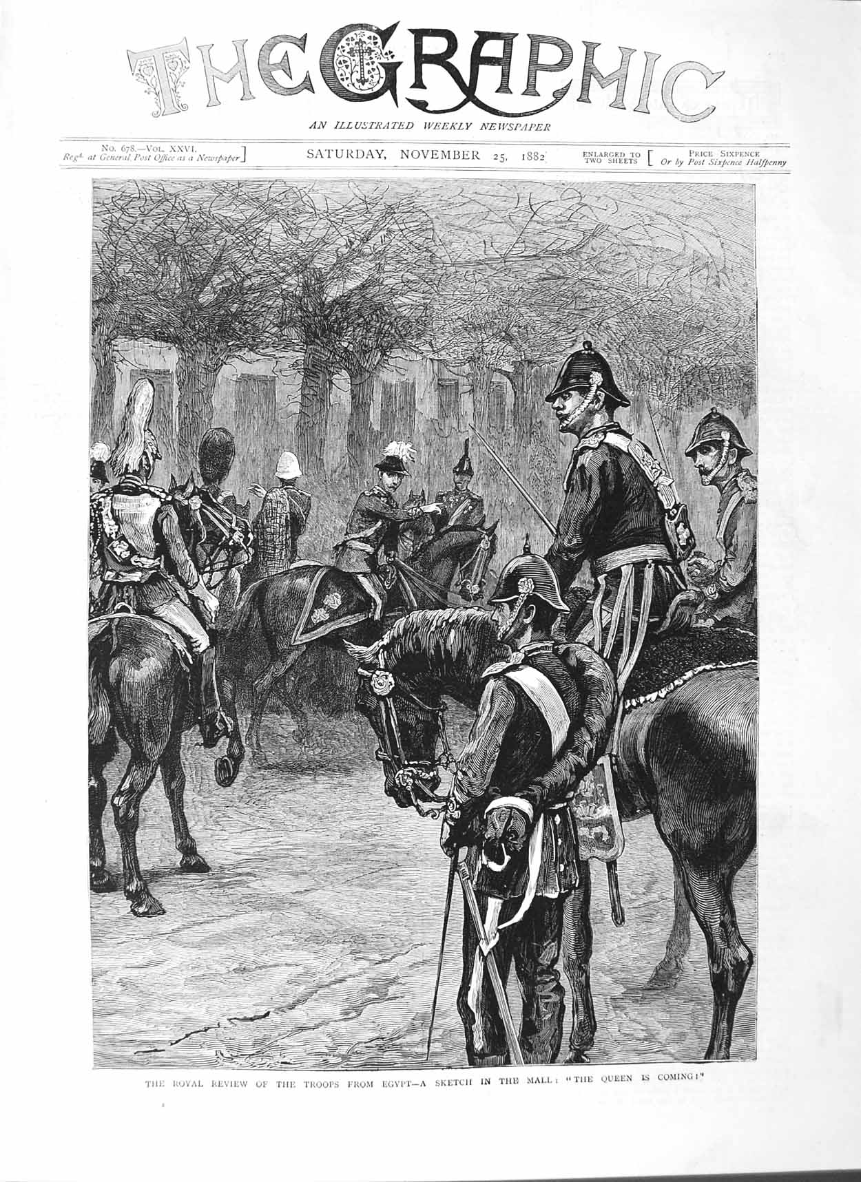 Original Old Antique Print 1882 Siers War Egypt Mall London Royal Review Queen