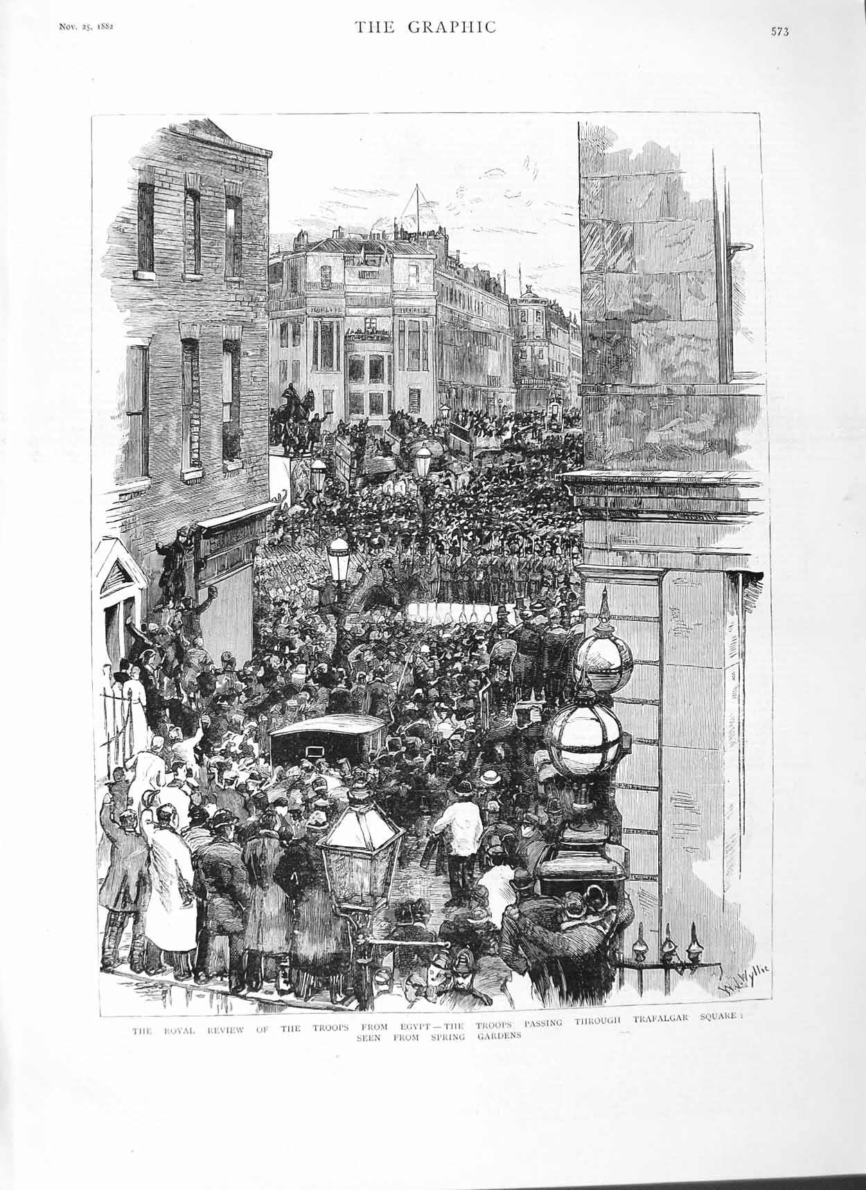 Original Old Antique Print 1882 Siers Egypt War Trafalgar Square Spring Gardens