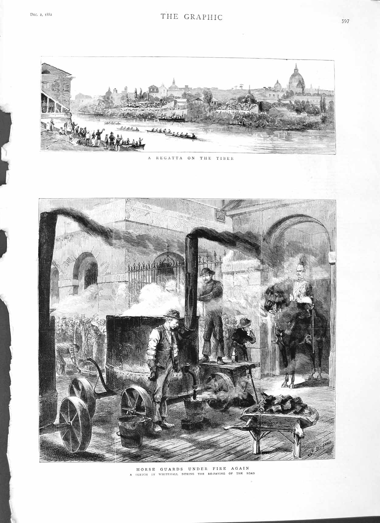 Original Old Antique Print 1882 Horse Guards Whitehall Regatta Tiber Boats 19th