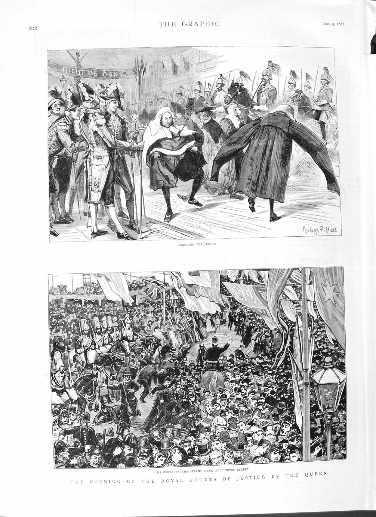 Old Antique Print 1882 Royal Courts Justice Queen Wellington Street Scene 19th
