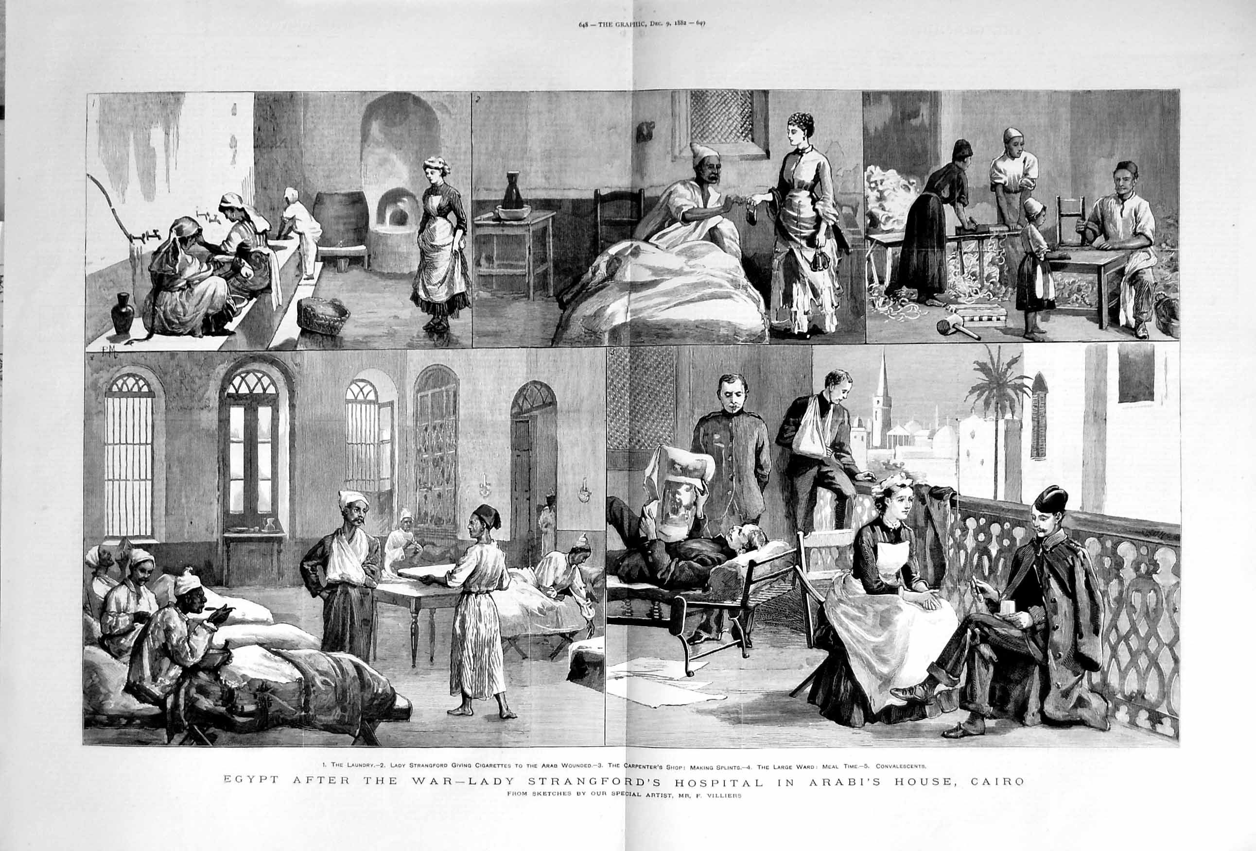 Original Old Antique Print 1882 War Egypt Lady Strangford Hospital Arabi Cairo