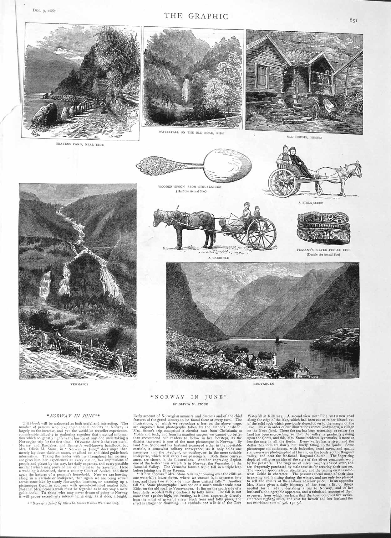 Original Old Antique Print 1882 Norway Vermafos Gudvangen Eide Husum Carriole