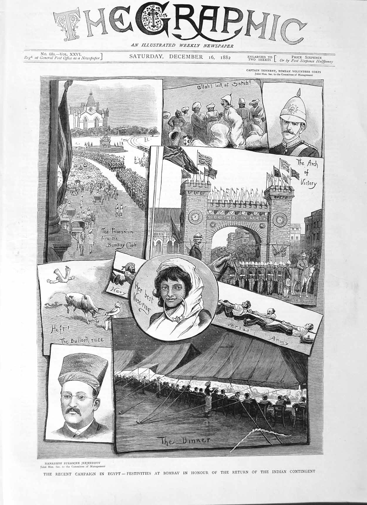 Old Antique Print 1882 Egypt Festivities Bombay Nanabhoy Jeejeebhoy Army 19th