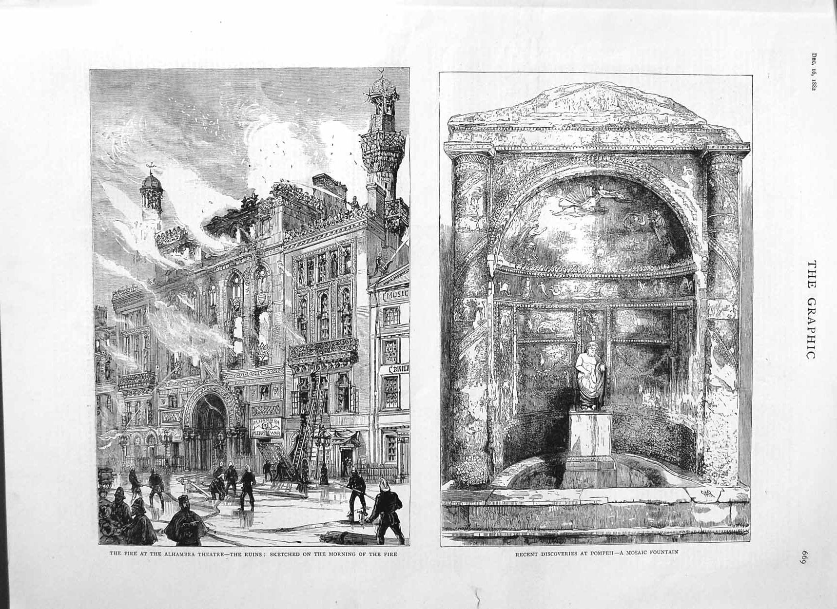 Original Old Antique Print 1882 Fire Alhambra Theatre Pompeii Mosaic Fountain