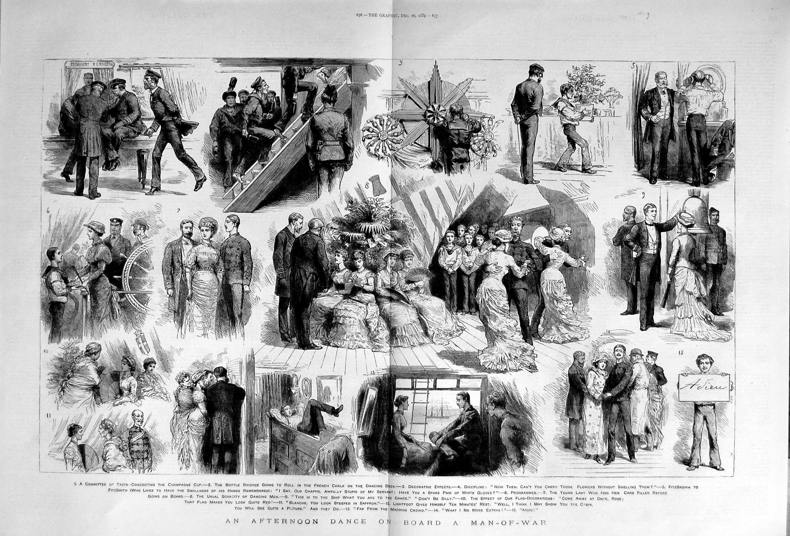 Original Old Antique Print 1882 Afternoon Dance Ship Man-Of-War Fitzbrown 19th