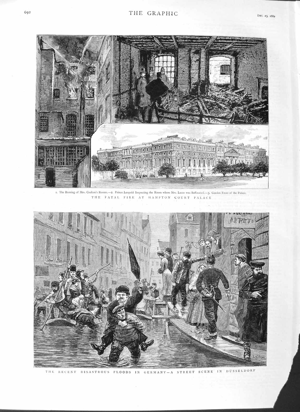 Original Old Antique Print 1882 Floods Germany Dusseldorf Hampton Court Palace