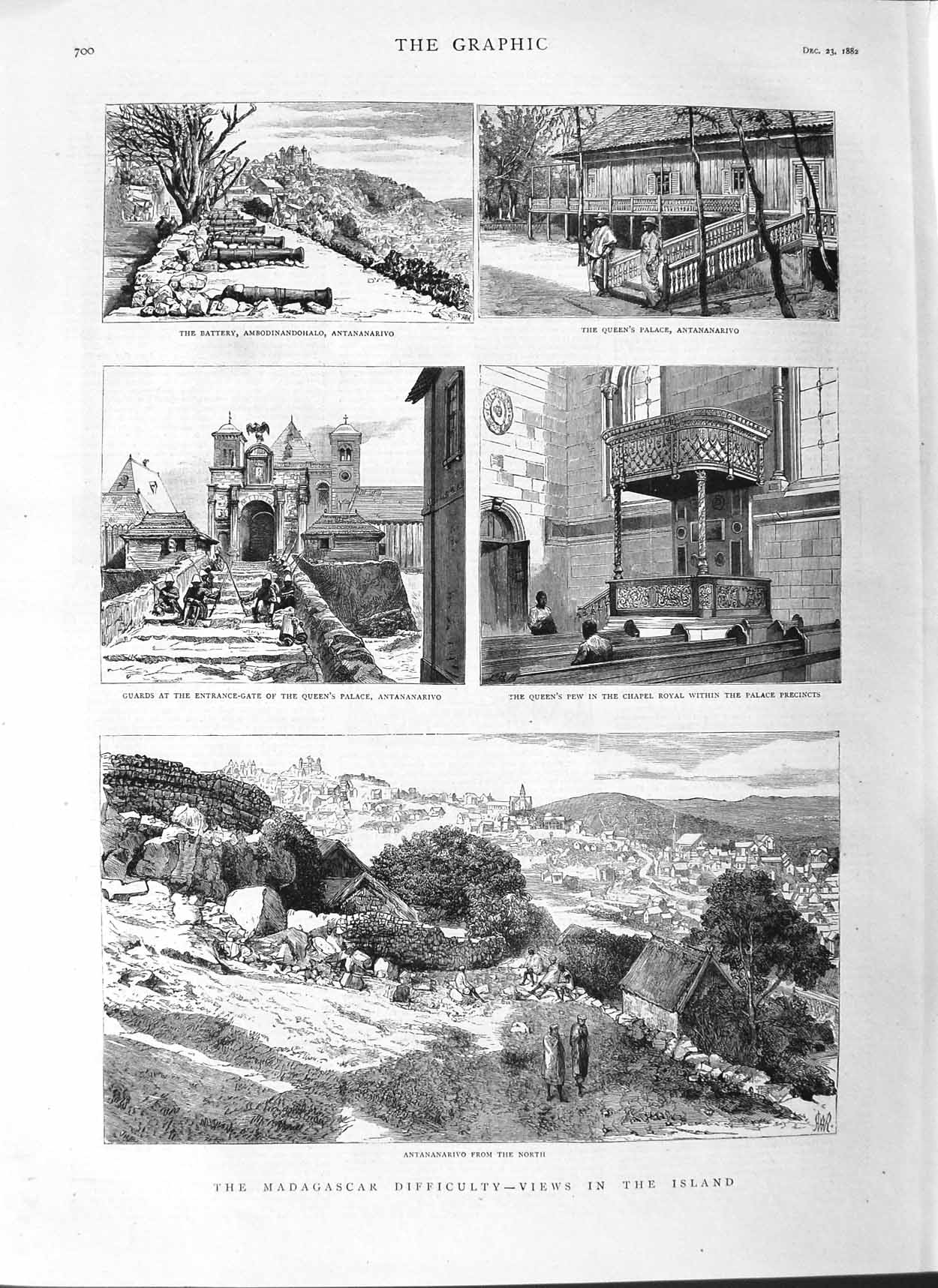 Original Old Antique Print 1882 Madagascar Antananarivo Palace Chapel Battery