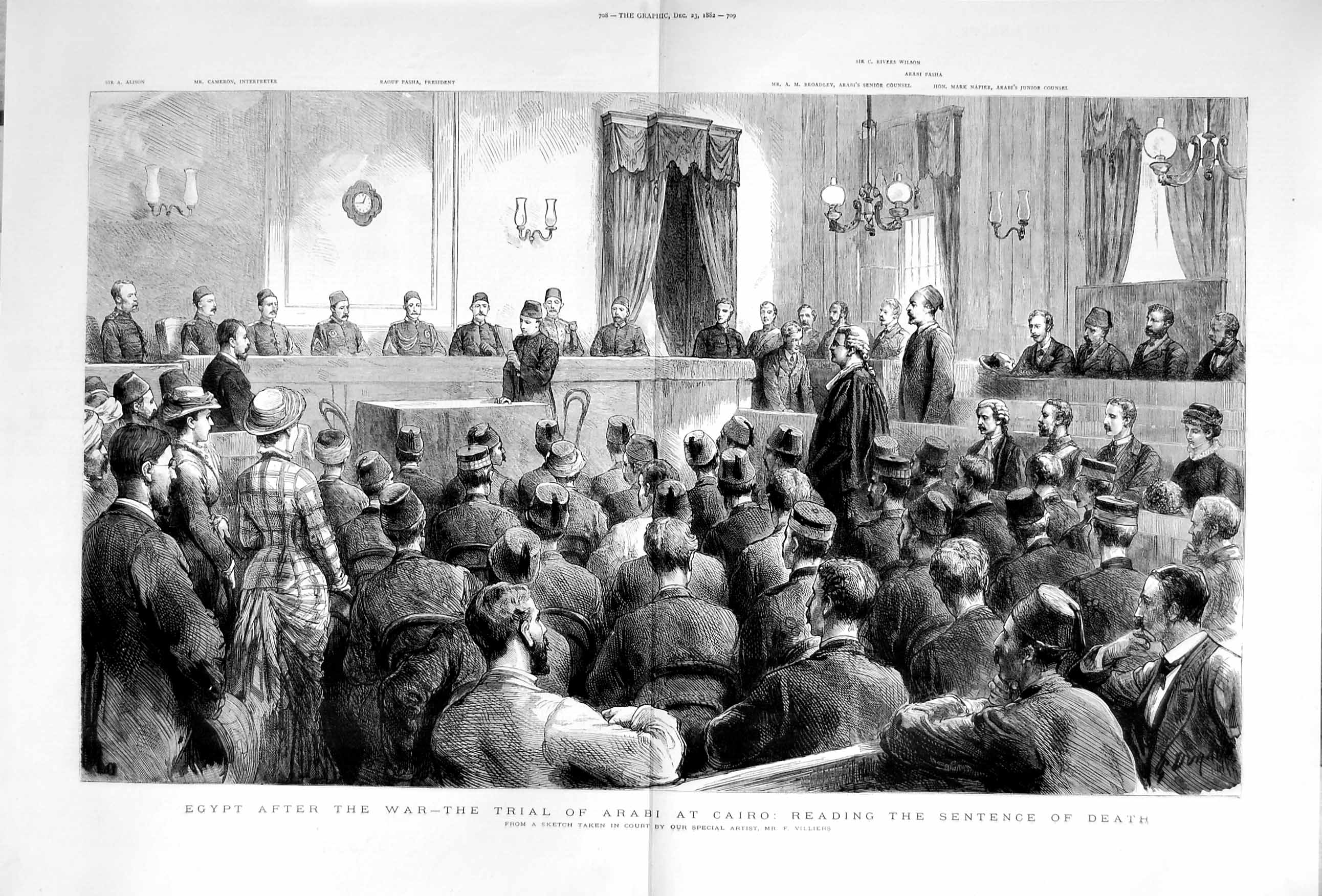 Original Old Antique Print 1882 Egypt War Trial Arabi Cairo Court Villi 19th