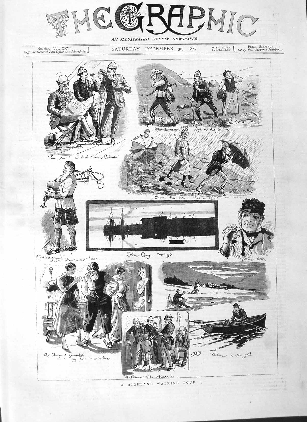 Old Antique Print 1882 Highland Scotland Walking Tour Kilt Boat Holidays 19th