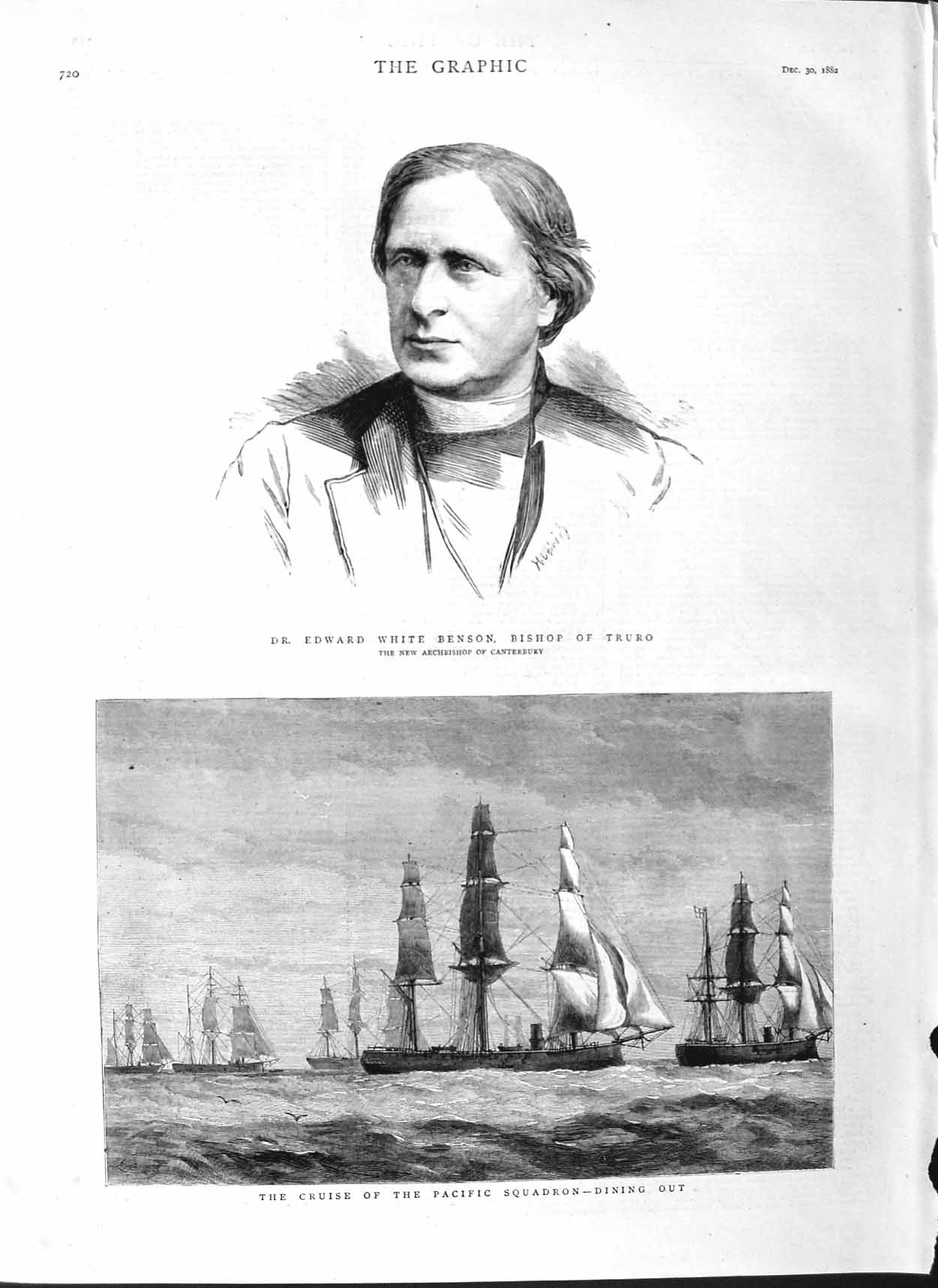 Original Old Antique Print 1882 Edward White Benson Bishop Truro Pacific Ships