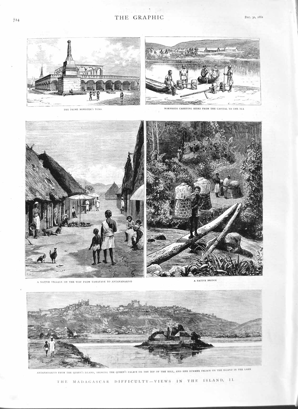 Old Antique Print 1882 Madagascar Tamatave Native Bridge Marmeeds Hides 19th
