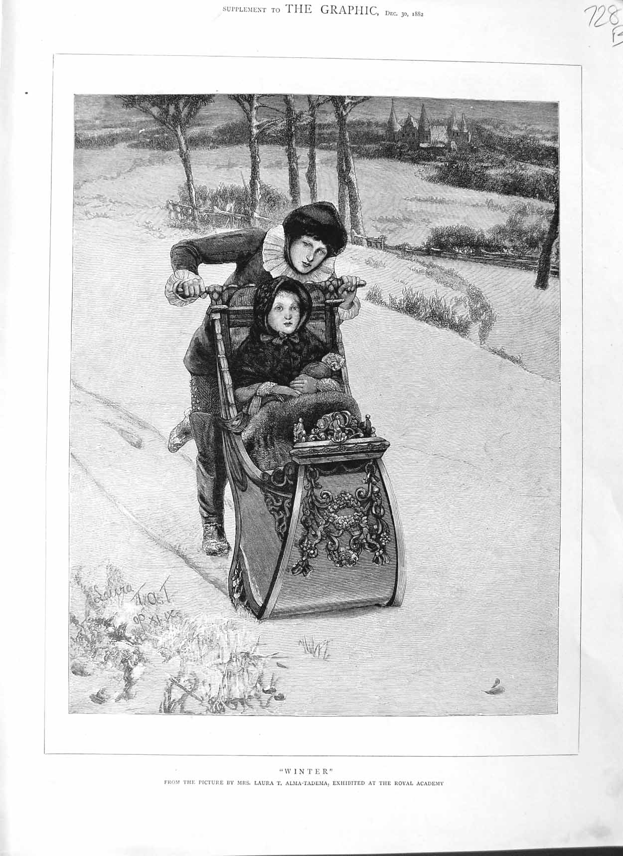 Old Antique Print 1882 Children Snow Sledge Winter Alma-Tadema Fine Art 19th
