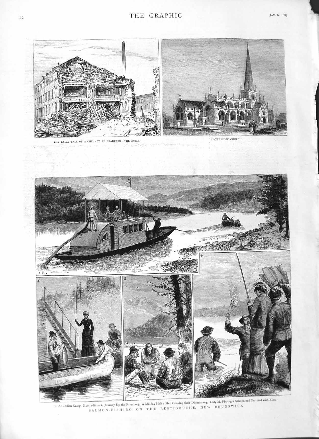 Original Old Antique Print 1883 Salmon Fishing Boat Brunswick Trowbridge Church
