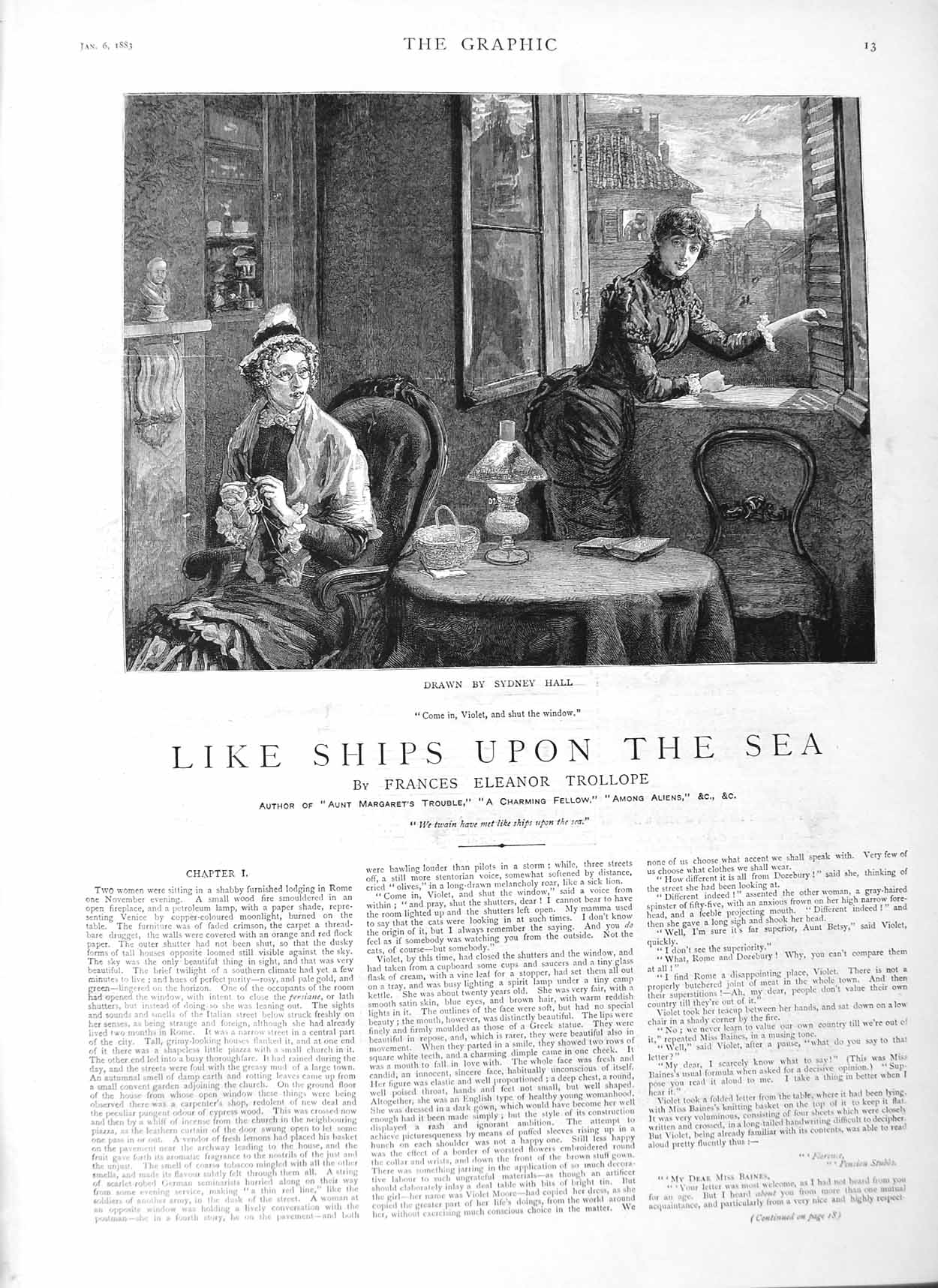 Old Antique Print 1883 Illustration Ships Upon Sea Violet Ladies Hall Art 19th