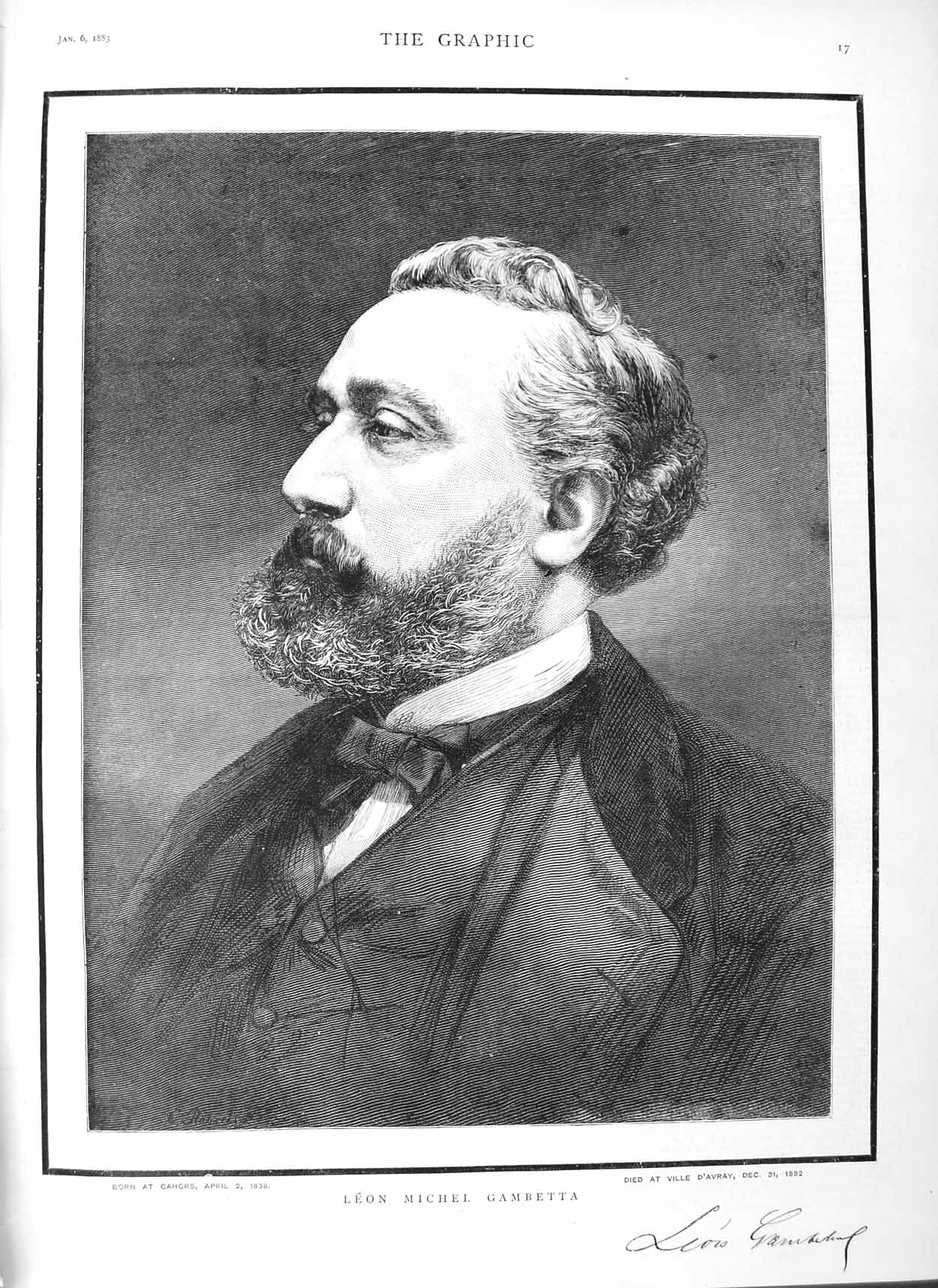 Original Old Antique Print 1883 Portrait Leon Michel Gambetta Fine Art 19th