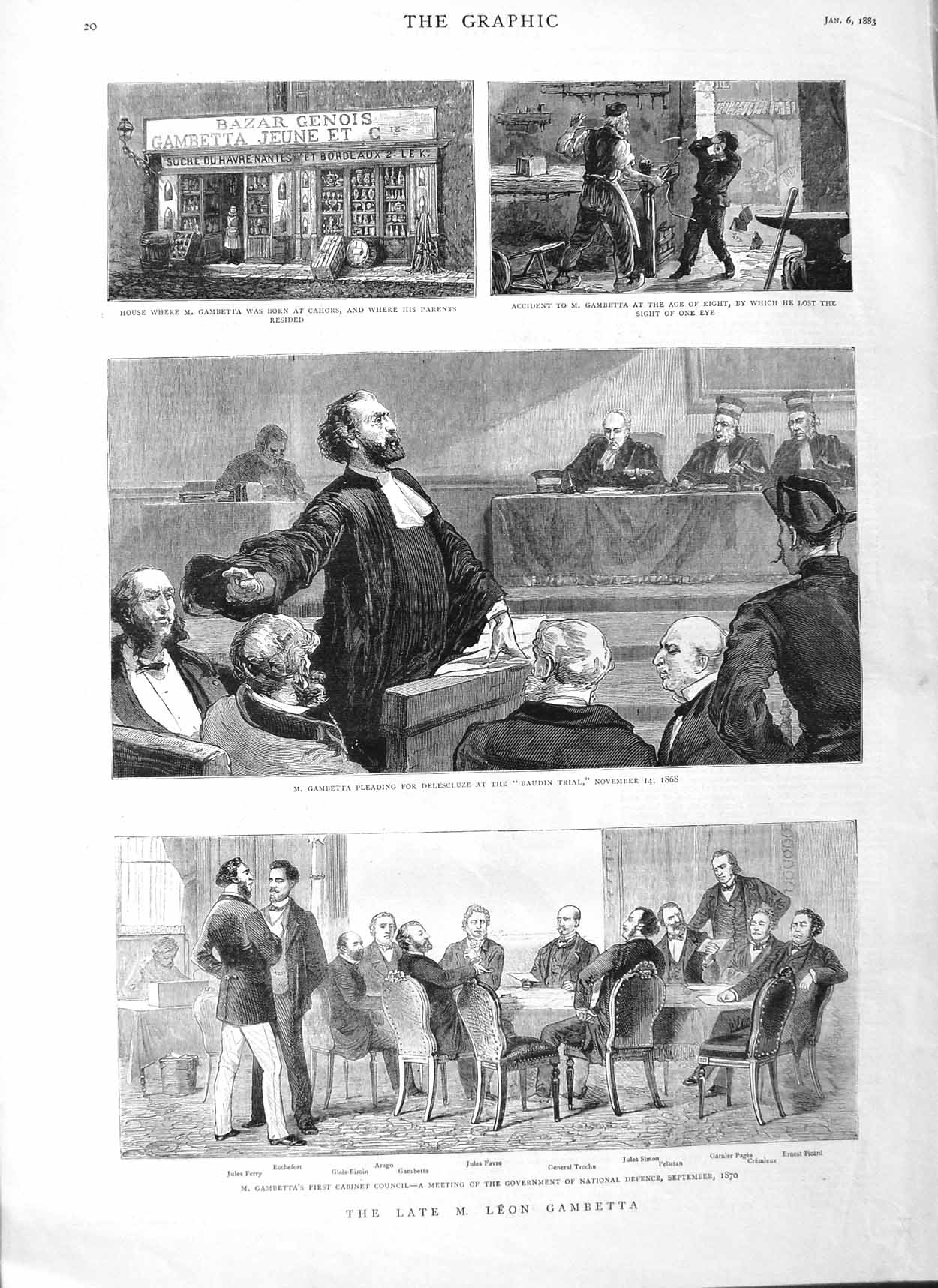 Old Antique Print 1883 Leon Gambetta Favro Baudin Trial Court Delescluze 19th