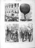 Original Old Antique Print 1883 Leon Gambetta Thiers Hotel Ville Paris Balloon