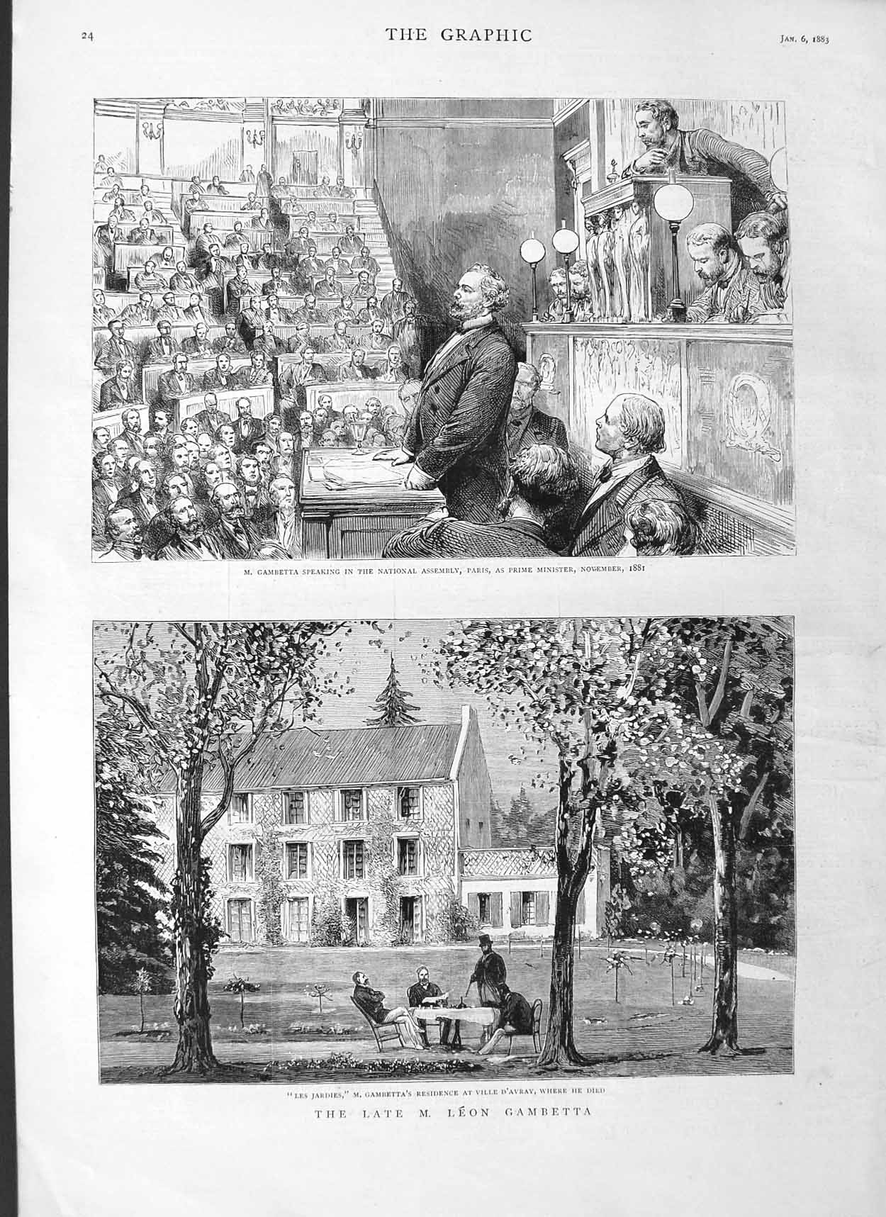 Old Antique Print 1883 Leon Gambetta Ville D'Avray Prime Minister Paris 19th