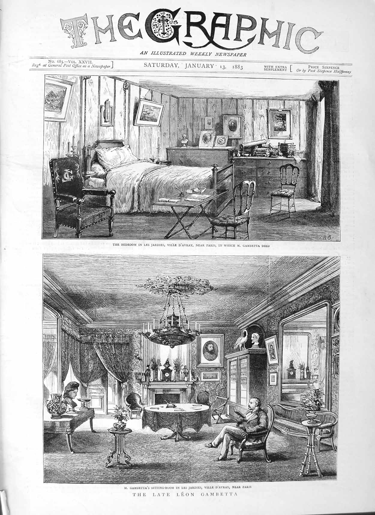 Old Antique Print 1883 Leon Gambetta Jardies Ville D'Avray Bedroom Paris 19th