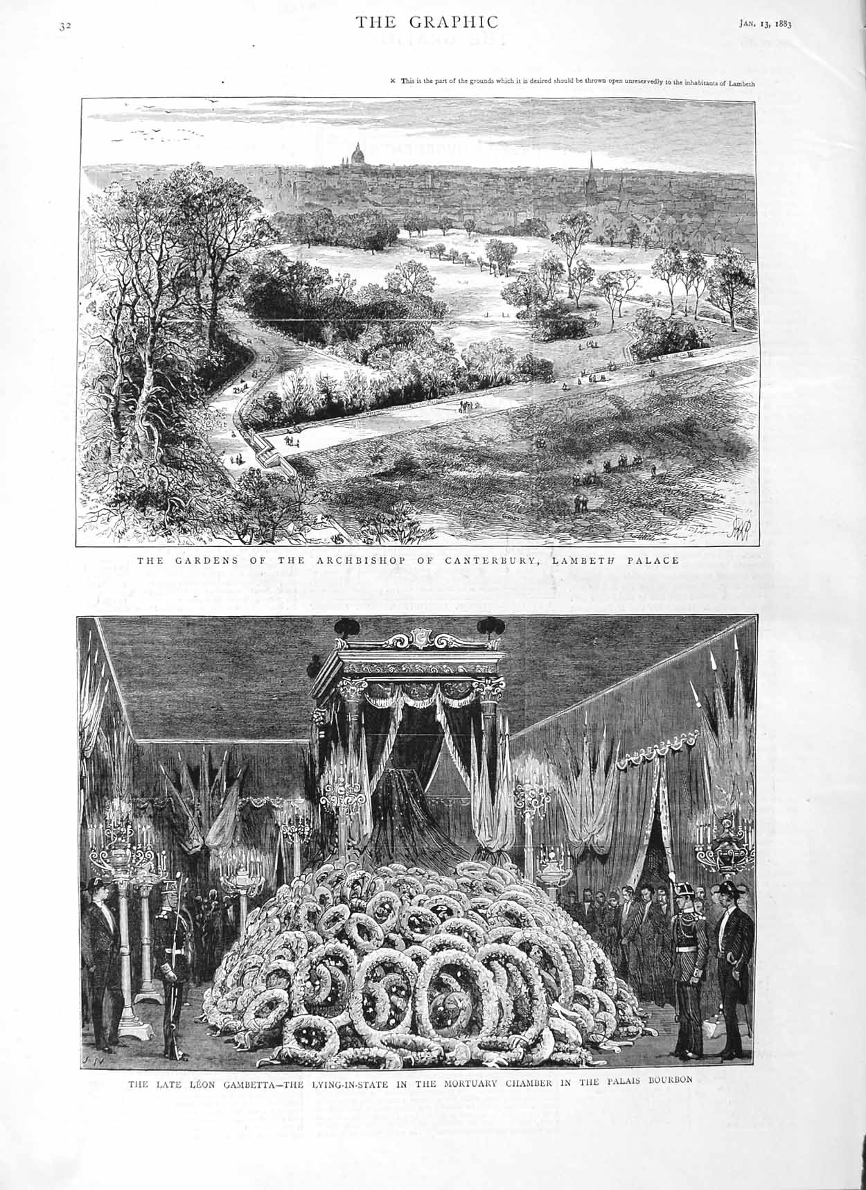 Old Antique Print 1883 Archbishop Canterbury Lambeth Palace Leon Gambetta 19th