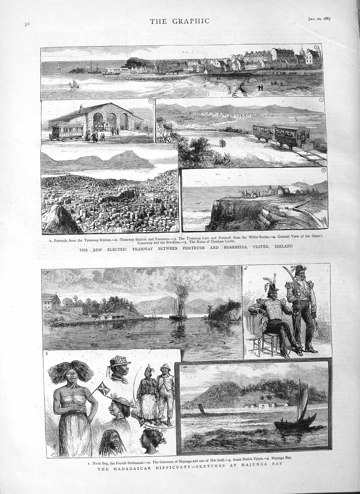Old Antique Print 1883 Madagascar Majunga Electric Railway Ireland Tram 19th