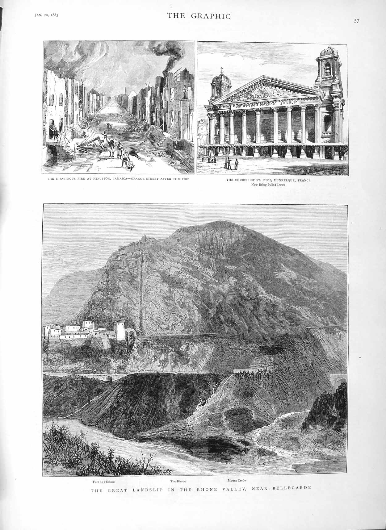 Original Old Antique Print 1883 Landslip Rhone Bellegarde Eloi France Jamaica