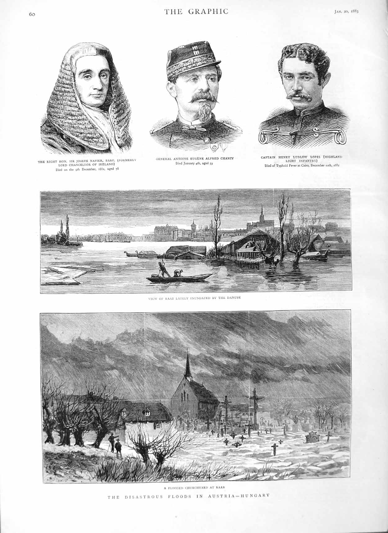 Old Antique Print 1883 Floods Austria Raab Danube Napier Chanzy Lopes Men 19th