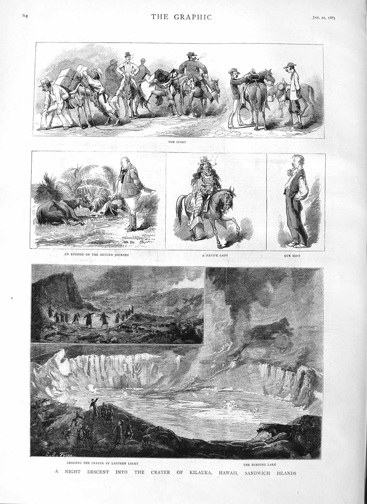 Original Old Antique Print 1883 Crater Kilauea Hawaii Sandwich Islands 19th