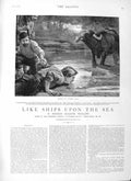 Old Antique Print 1883 Illustration Story Like Ships Upon Sea Men Animal 19th