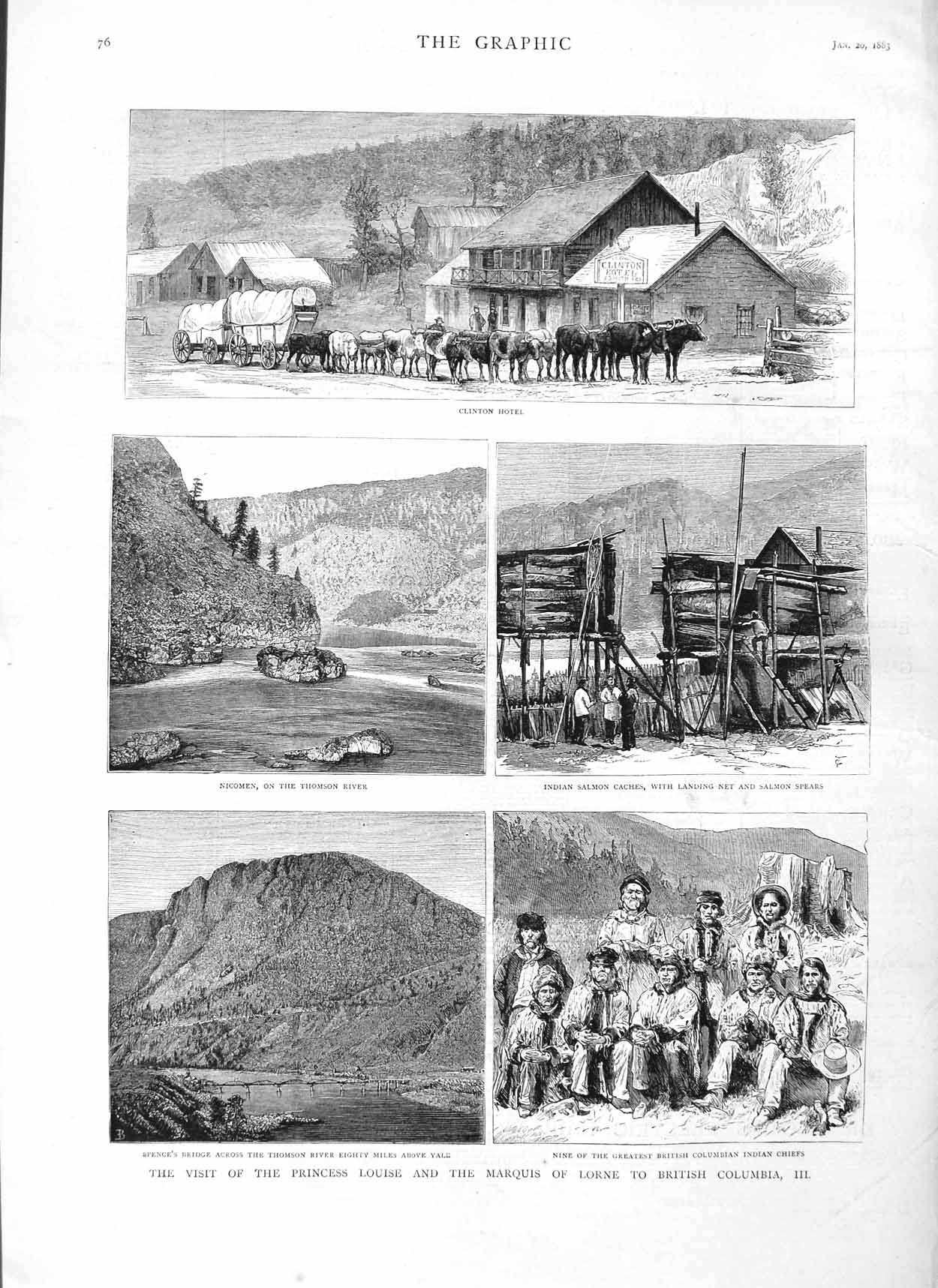 Original Old Antique Print 1883 Clinton Hotel Nicomen British Columbia Indians