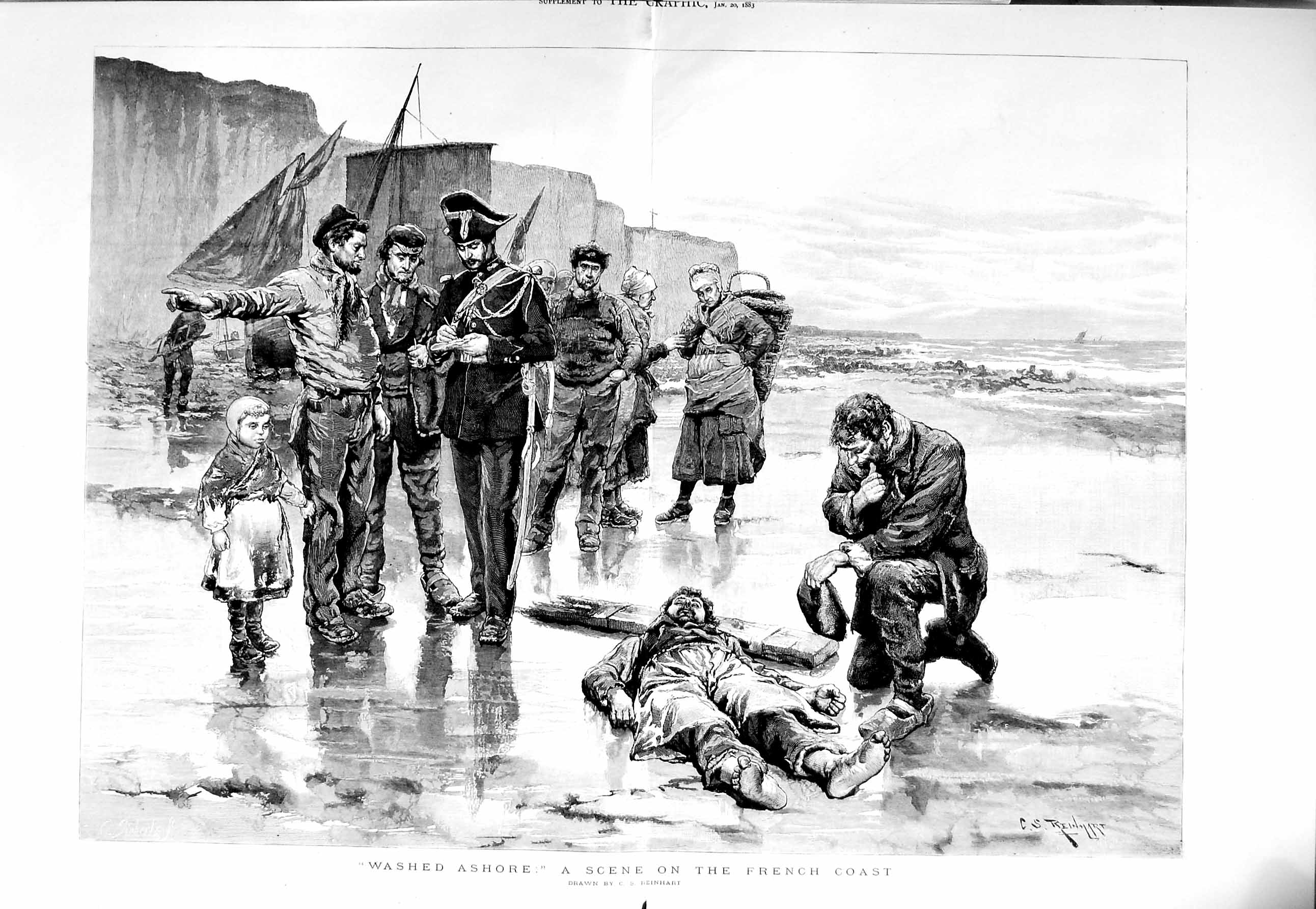 Old Antique Print 1883 Reinhart Fine Art Dead Man Washed Ashore France 0 19th