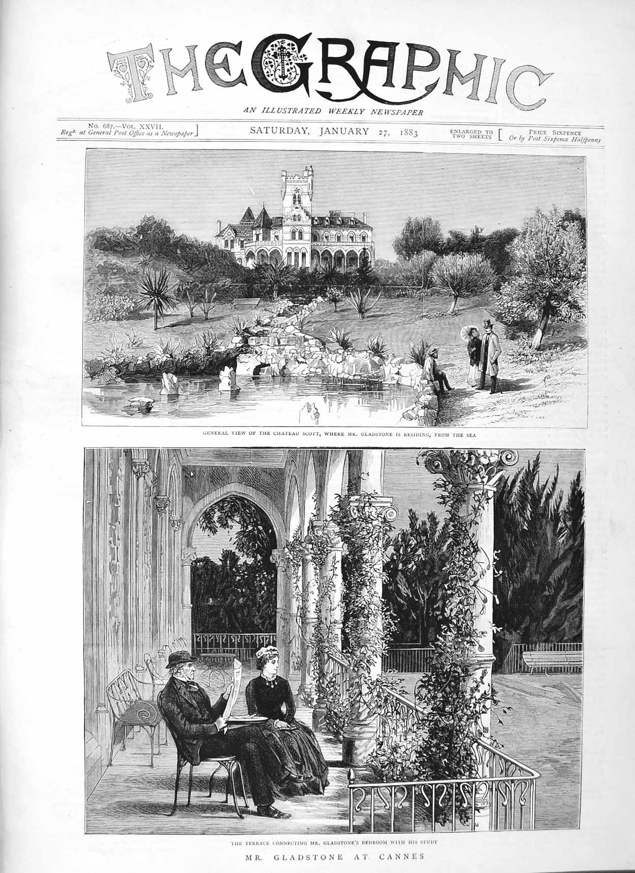 Original Old Antique Print 1883 Gladstone Cannes Terrace Chateau Scott Victorian