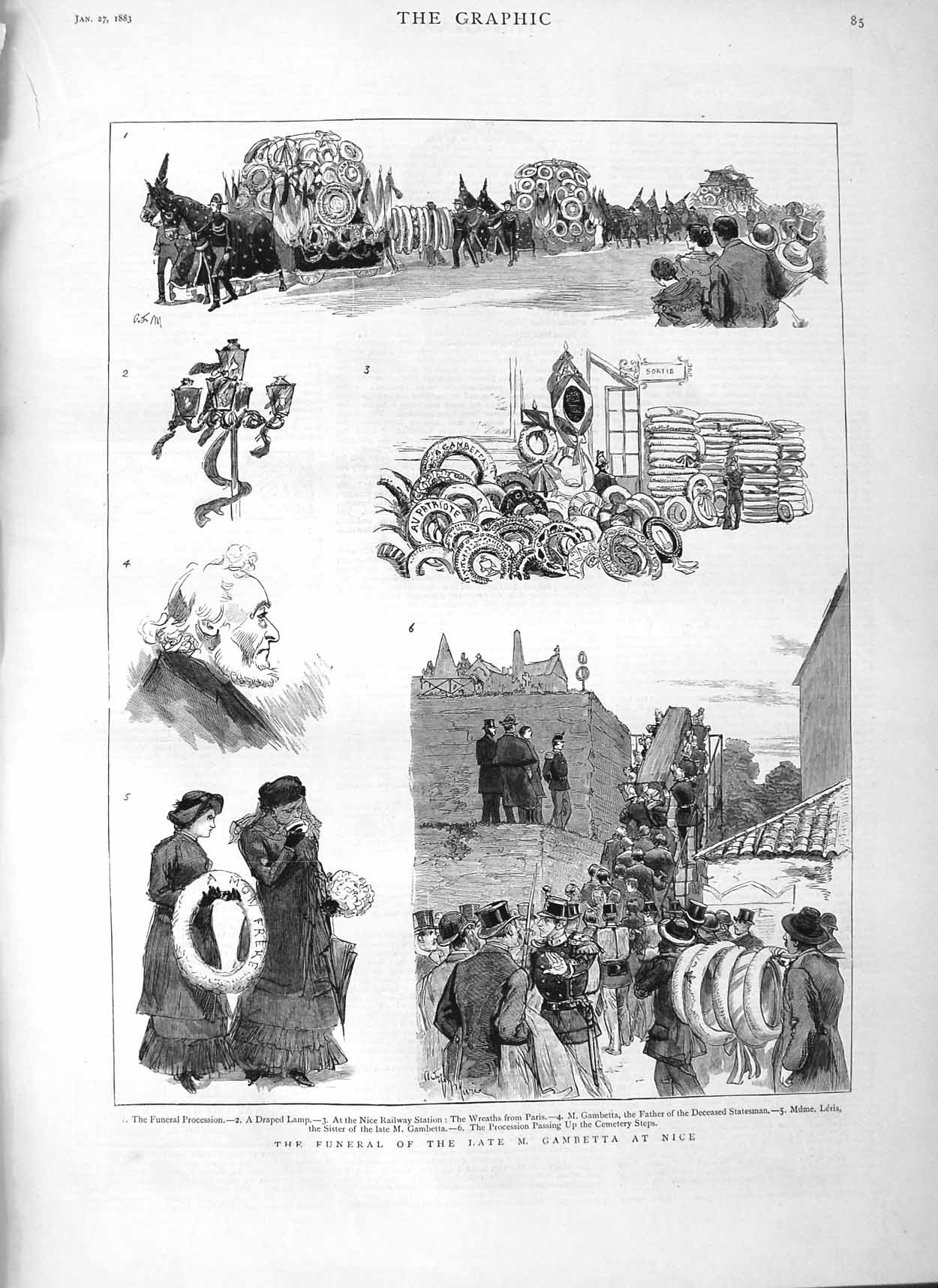 Old Antique Print 1883 Funeral Gambetta Nice France Railway Station Leris 19th