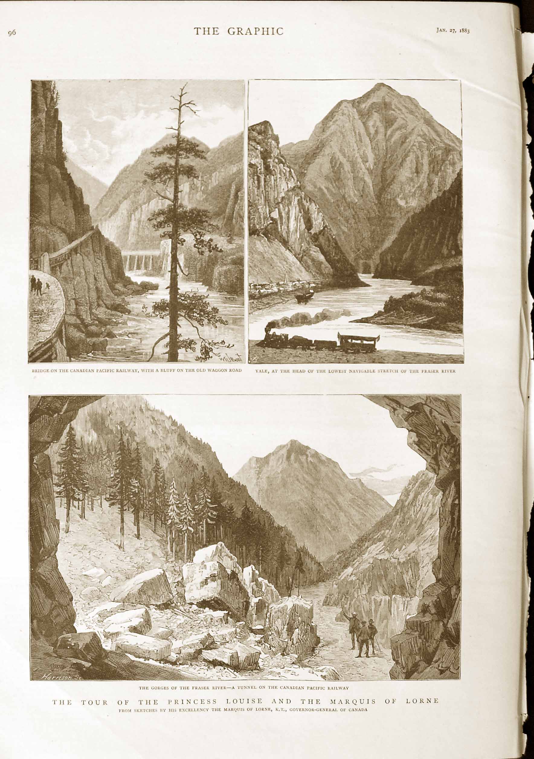 Old Antique Print 1883 Fraser River Canada Railway Yale Princess Louise 19th