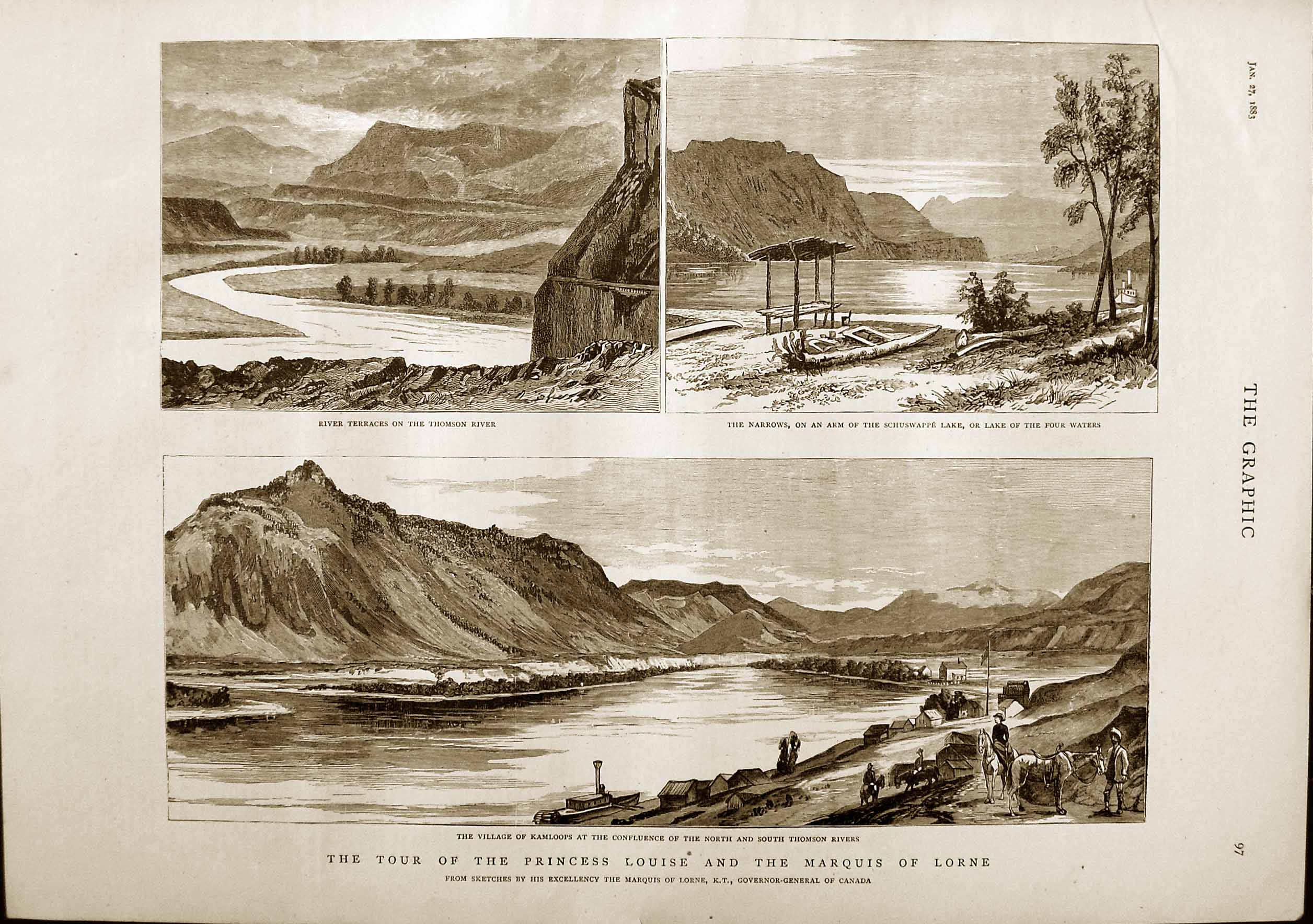 Original Old Antique Print 1883 Village Kamloops Princess Louise Schuswapp 19th