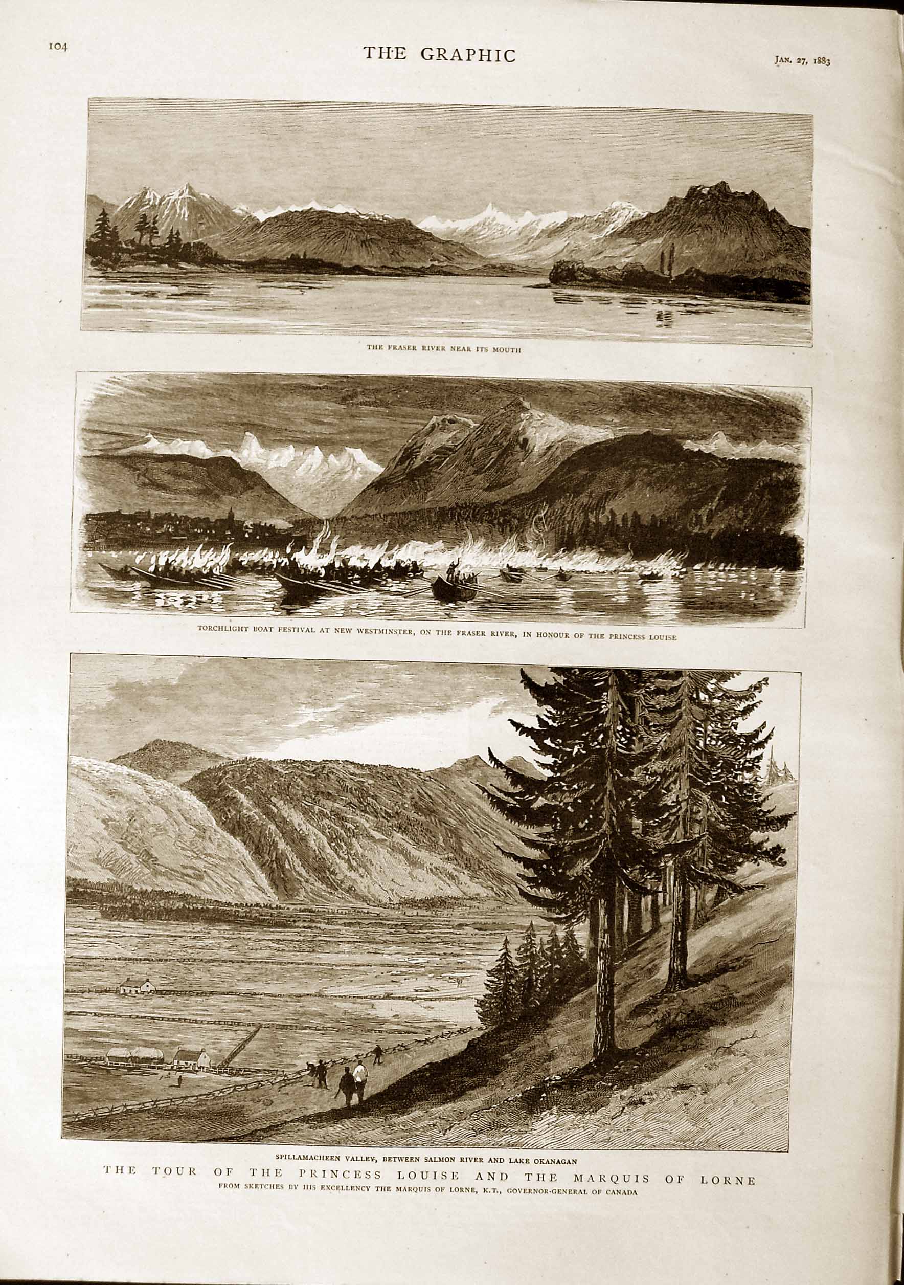 Old Antique Print 1883 Spillamacheen Prince Louise Fraser River Okanagan 19th
